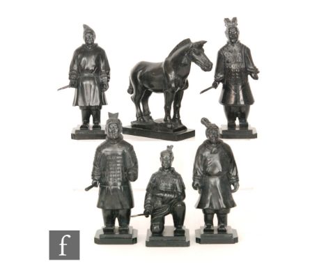 A collection of black polished hardstone terracotta army style figures, the five individual warriors each modelled various po