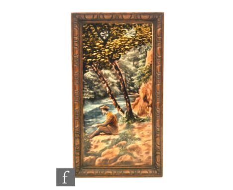 A late 19th Century framed rectangular tile attributed to Gibbons Hinton &amp; Co depicting a seated gentleman fishing by the