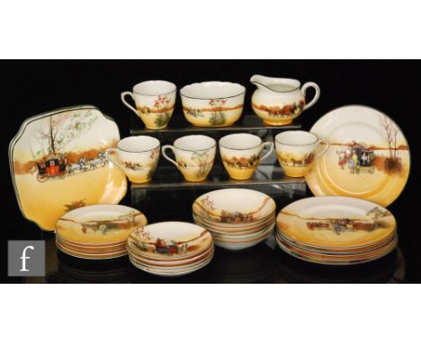 A collection of Royal Doulton 'Coaching Days' seriesware comprising five cups, five saucers, five side plates, milk jug, suga