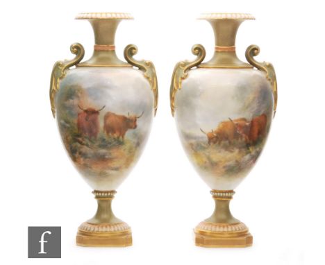 A pair of early 20th Century Royal Worcester twin handled pedestal vases, shape 1969, each panel decorated by Harry Stinton w