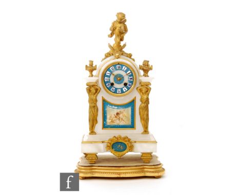 A 19th Century French alabaster and gilt metal mounted mantle clock with eight day striking movement, the arch case mounted w