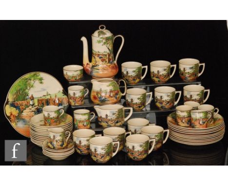 A Royal Doulton Series Ware tea and coffee service in the Country Garden pattern, comprising eleven tea plates, twelve teacup