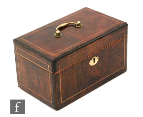 A George II figured walnut and line inlaid tea caddy fitted with three divisions with original lock, brass escuteon and handl