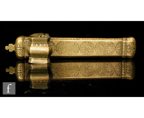 A 19th Century Persian or Ottoman scribes Qalamdan (pen box), the brass inscribed pen container with hinged, domed cover with