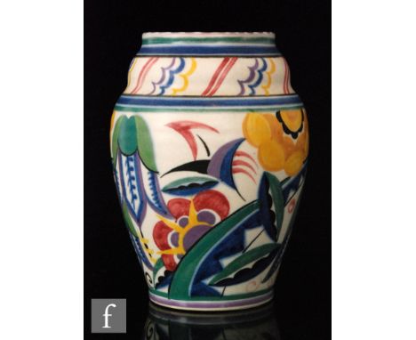 A Poole Pottery 1930s shape 439 red bodied vase decorated by Hilda Hampton in the VY pattern, impressed mark, height 17.5cm