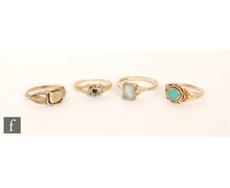 Four assorted gold rings to include and early 19th Century emerald and diamond cluster, a turquoise single stone and a modern