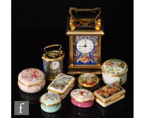 A collection of Halcyon Days enamels to include a brass carriage clock produced for Harrods with Roman numeral dial and exoti