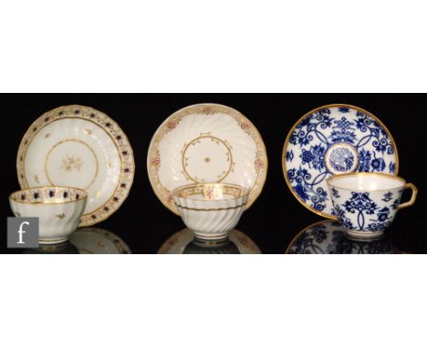 Two 19th Century teabowls and saucers, each of wrythen moulded form with gilt and enamel border edges, both unmarked, largest