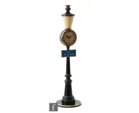 A 20th Century Jaeger-LeCoultre novelty clock, modelled as a French street lamp, the circular dial with Roman numerals above 