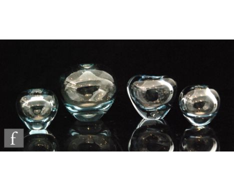 A group of four Holmegaard minuet vases designed by Per Lutken in aquamarine, one of stylised heart form  and three of soap b