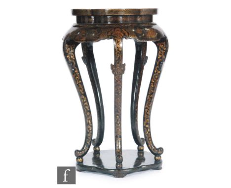 A contemporary Chinese jardiniere stand of circular cartouche form, the top decorated with a mountainous landscape scene over
