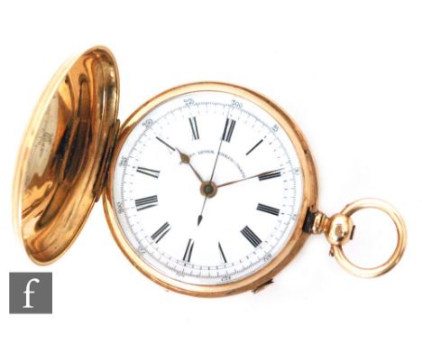 A 14 carat key wind chronograph full hunter pocket watch with white enamelled dial with Roman numerals, engine turned decorat