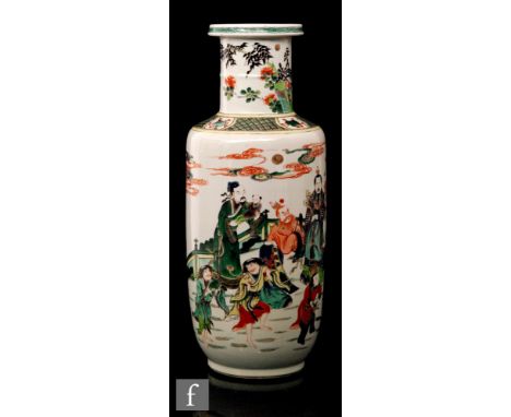 A Chinese 19th Century famille verte rouleau vase, the pale white ground painted with a continuous scene of the seven sages o