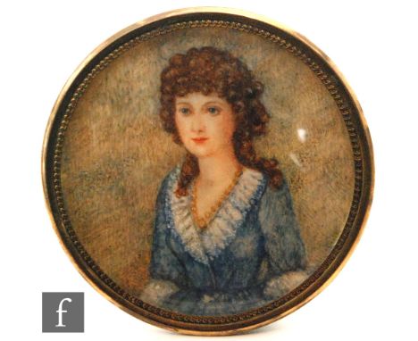 ENGLISH SCHOOL (EARLY 20TH CENTURY) - Portrait of a young lady wearing late 18th century dress, miniature on ivorine, circula