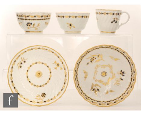 Two late 18th to early 19th Century Worcester fluted teabowls and saucers, together with a matching coffee cup, each decorate