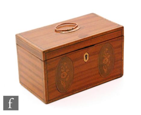 A late 18th Century crossbanded satinwood two divisioned tea caddy with stained green oval panel floral paterae front, width 