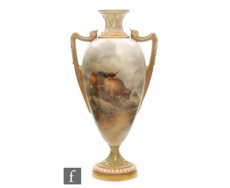 An early 20th Century Royal Worcester twin handled pedestal vase, shape 2192, panel decorated by John Stinton with hand paint