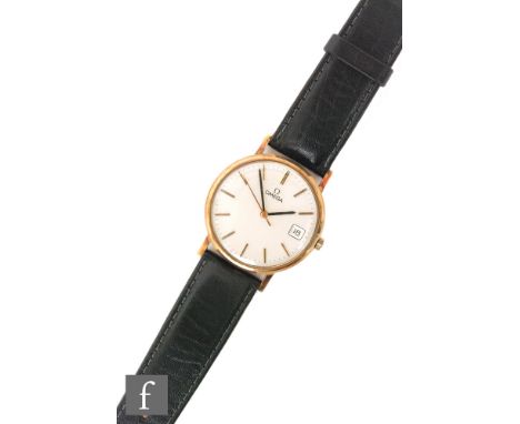 A 1970's 9ct hallmarked gentleman's Omega wrist watch gilt batons and date facility to a circular silvered dial, presentation
