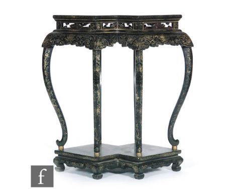 A contemporary Chinese jardiniere stand of double diamond form, the top decorated with a landscape scene above scroll legs an