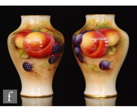 Two Royal Worcester hand painted Fallen Fruits shape 2491 vases, both panel decorated by Moseley, one with peaches and black 