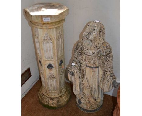 A cast concrete robed figure on ecclesiastical designed column, produced by Tudor Gate, combined height 160cm