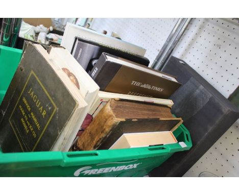 A crate containing a selection of books various to include a Jaguar service manual XK120 and mark VII models&nbsp;
