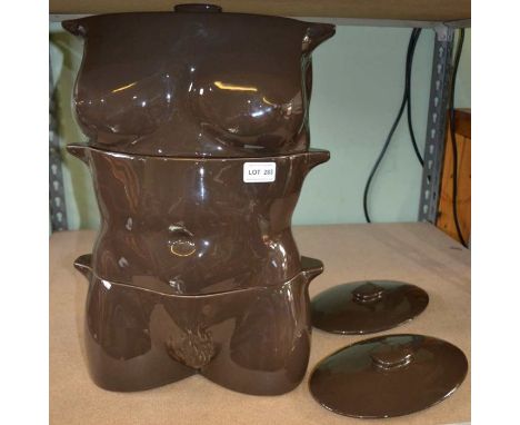 " Fleshpots " Three ceramic casseroles stacking to form a naked female torso each with lids 46cm high