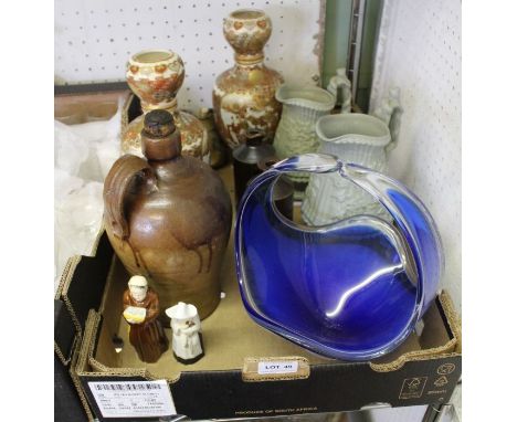 A box of mixed chinawares including Royal Worcester snuffers with a modernist Flygsfors Coquille basket