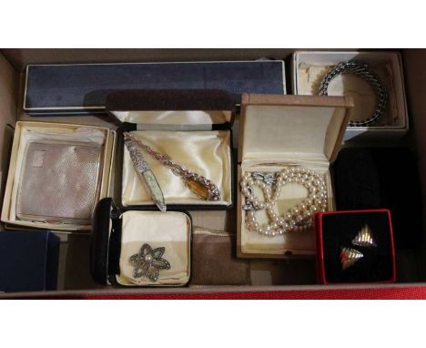 A selection of costume jewellery and related items, to include silver compact