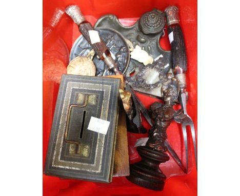 A small red crate containing a selection of collectible items includes an Art Nouveau ink stand, sovereign scales etc&nbsp;