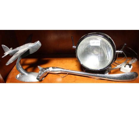 A novelty lamp constructed in the form of a vintage car head lamp, to also include a cast aluminium shoe horn &amp; a model s