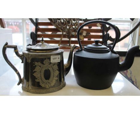 Mini model garden bench, tea kettle and pot together with a metal owl