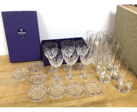 A collection of glassware including a set of six cut Edinburgh Crystal whisky glasses in original box, six highball glasses, 