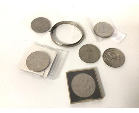 An Edwardian Birmingham silver bangle (7cm), seven commemorative coins (a lot)