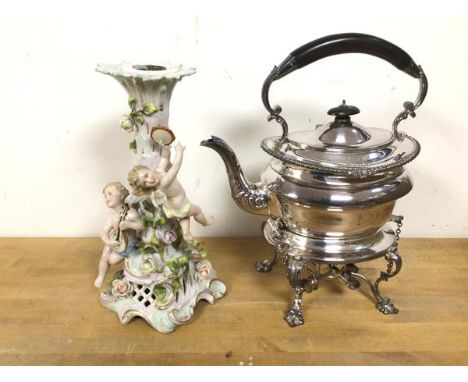 A mixed lot including a German candlestick with cherubs and scrolling vine (27cm), a Mappin &amp; Webb Epns kettle on hinged 