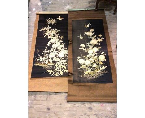 Two Chinese embroidered panels laid on paper, depicting birds and flowers (panel: 104cm x 50cm)