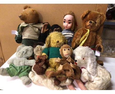 A collection of vintage stuffed toys including Childs Play toys by Deans Child Play, stuffed bears, monkey, hand puppets, a d