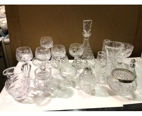 A collection of cut glass including decanter (30cm), wine glasses, tazza, water jug, rose bowl with frog etc. (a lot)