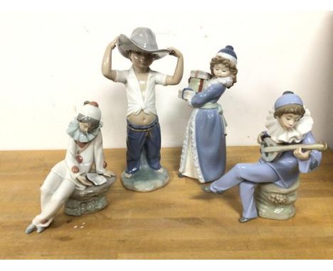 A group of four Nao figures, including two Seated Musicians, Boy dressed as Cowboy (25cm) and Young Girl Christmas Shopping (