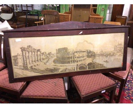 A late 19thc/early 20thc tapestry depicting Roman views (a/f), in mahogany frame with pediment surmount (67cm x 146cm)