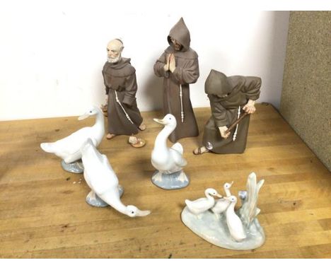 A group of four Nao figures, Ducks (tallest: 15cm) and three Algora figures of Monks (two a/f) (a lot)
