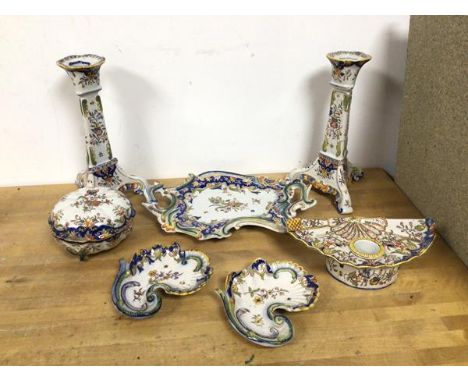 A collection of late 19thc Rouen faience including two candlesticks (24cm), a lidded pot, two trinket dishes, a small handled