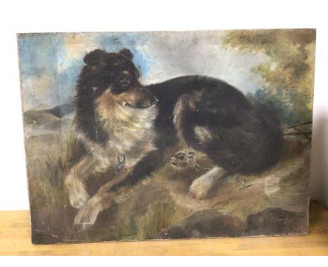 Scottish School, Victorian period, Portrait of Reclining Dog in Landscape, oil, unframed (50cm x 69cm)