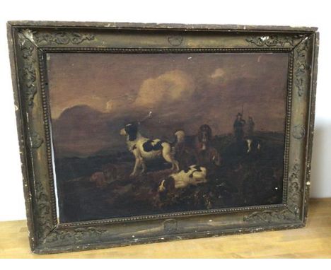 19thc School, Men Hunting with Dogs, oil on panel (43cm x 62cm)