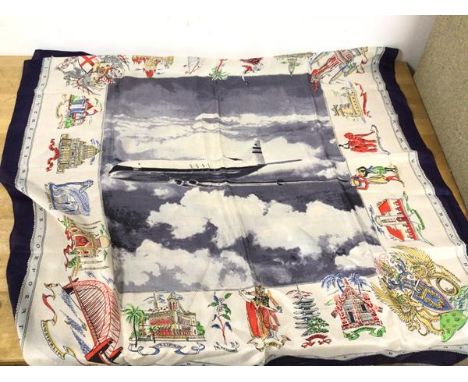 Aviation interest: a BOAC scarf, the central panel depicting a BOAC Comet passenger jet, with stylised representations of loc