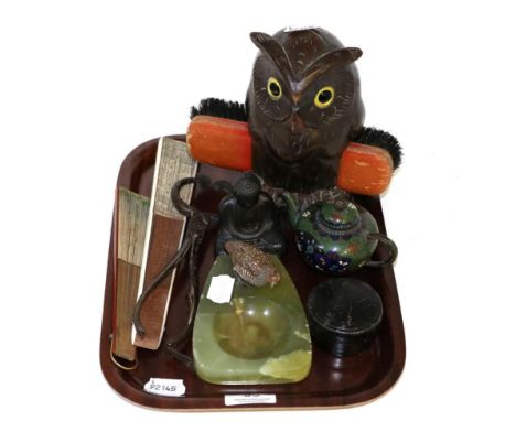 Cold painted bronze model of a partridge on a green onyx base; a small patinated metal figure of a seated Buddha; a miniature
