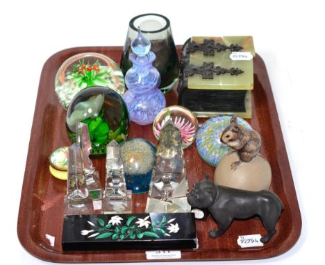 A group of assorted items, including Ashford marble, Caithness and other paperweights, Wedgwood model of a bulldog, etc