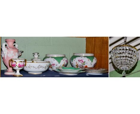 A group of English and Continental porcelain, including a pair of Dresden floral printed bowls, Royal Crown Derby rose painte