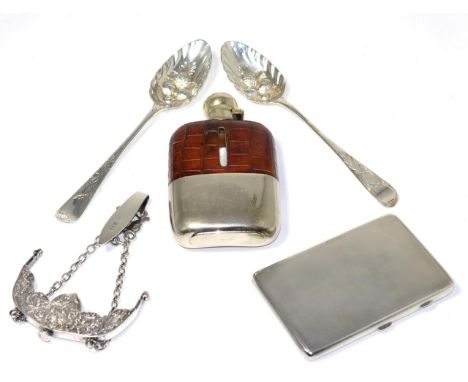 An engine turned silver cigarette case, Sampson Mordan & Co, London 1933; two George III bottom marked table spoons, later de