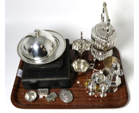 A group of assorted silver items to include a French beaker; a pair of small salts; an octagonal baluster caster; a Dutch snu